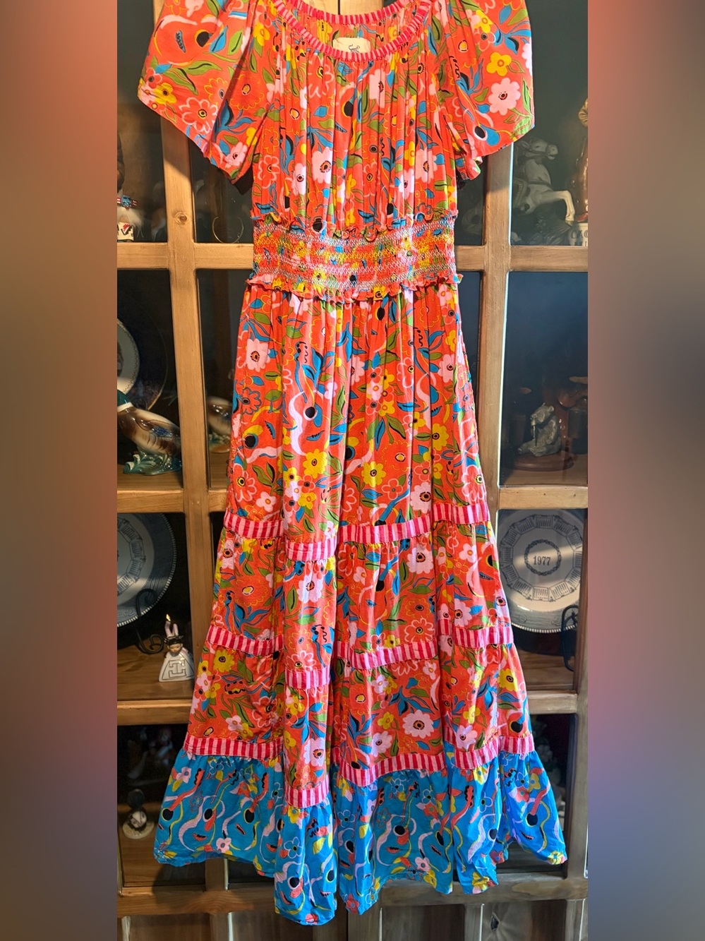 Printfresh Penciled In Dress Size Medium Bright Floral Maxi Dress Coral & Blue - Picture 6 of 11